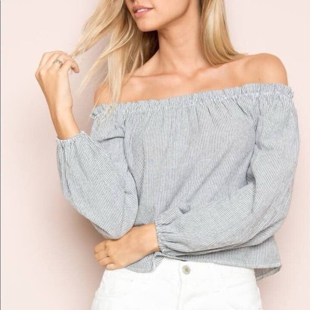 Brandy Melville Striped Off Shoulder Top Theia ONE SIZE Blue Long Sleeve Cotton